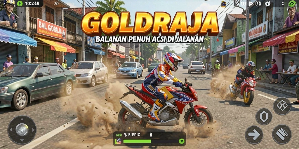 Screenshot gameplay GOLDRAJA menunjukkan balapan mendebarkan di jalanan yang menantang.