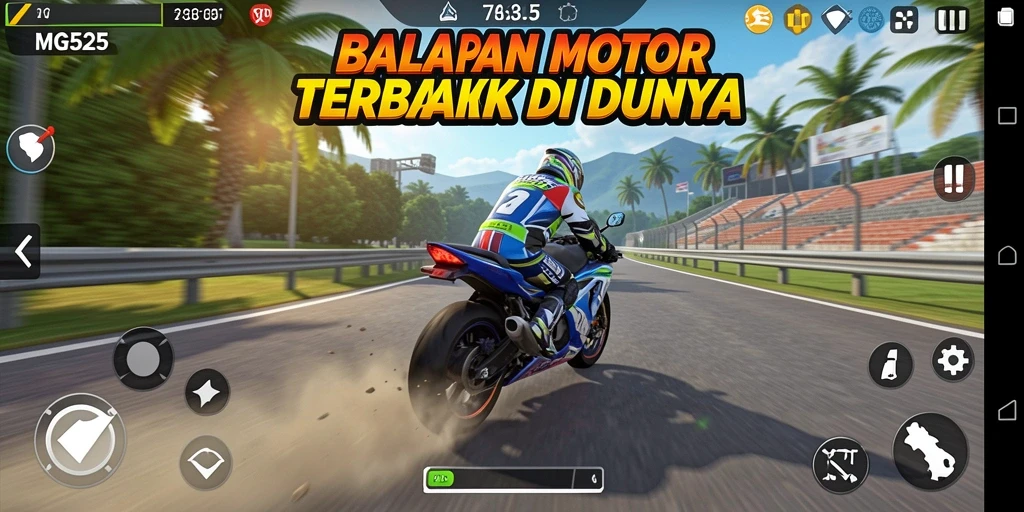 Screenshot gameplay MG525 menampilkan aksi balapan motor yang penuh energi.