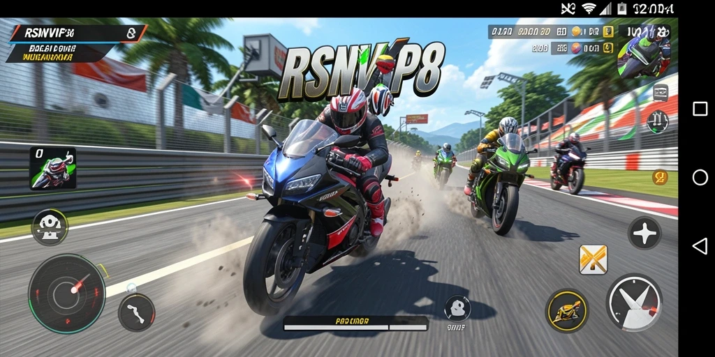 Tampilan gameplay RSNVIP8 menampilkan aksi balap motor yang mendebarkan.