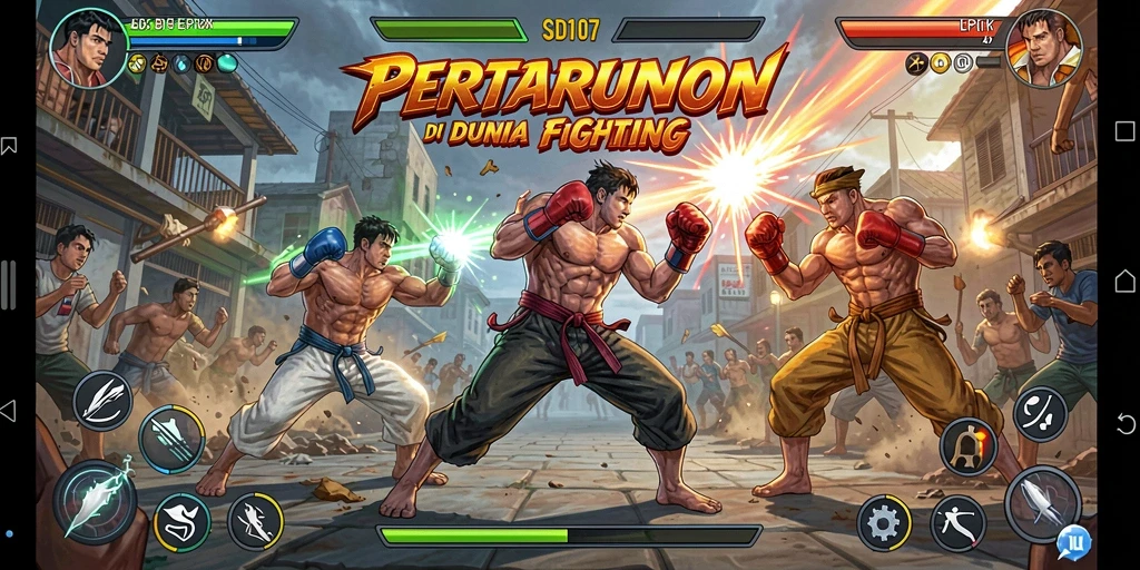 Tangkapan layar utama SD107 menunjukkan aksi pertarungan menegangkan.