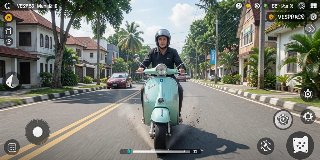 Tampilan utama VESPA69 menunjukkan gameplay berkendara Vespa yang seru.